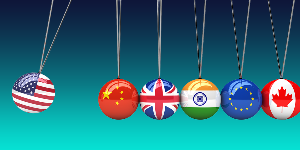 Insignias de banderas de Estados Unidos, China, Reino Unido, India, Europa y Canadá.