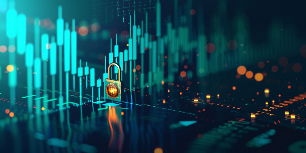 Gráfico turquesa del mercado financiero, palos de vela con una cerradura y un símbolo de dólar de EE.UU. en abstracto. 
